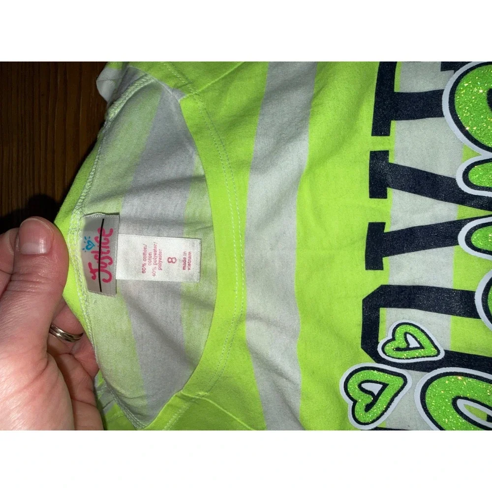 Justice‎ Girls Neon Yellow White Stripe Long Sleeve Shirt Love Hearts Size 8